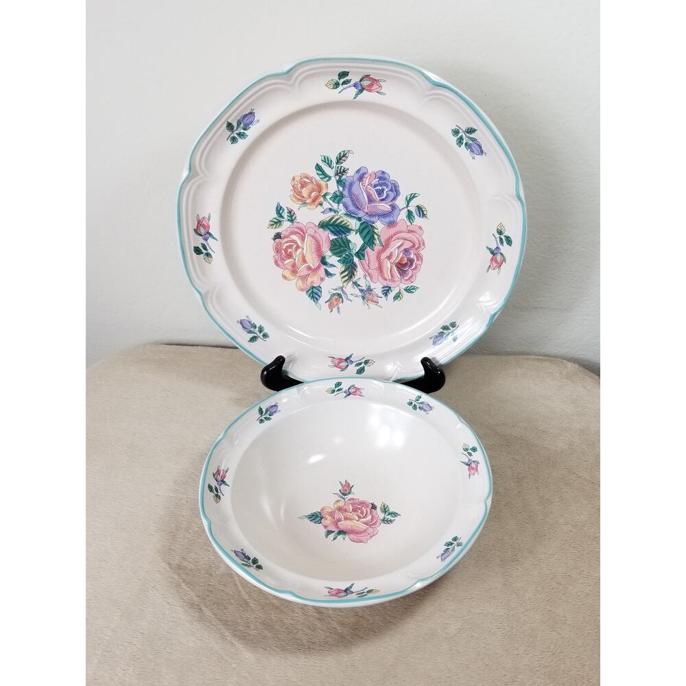 Cottage Rose Serving Plate & Bowl Large Stoneware International Tablework Japan